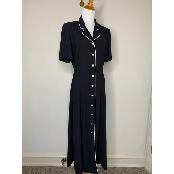 Leslie Fay Black Midi Dress Button Front Sz ? Medium - Picture 1 of 8